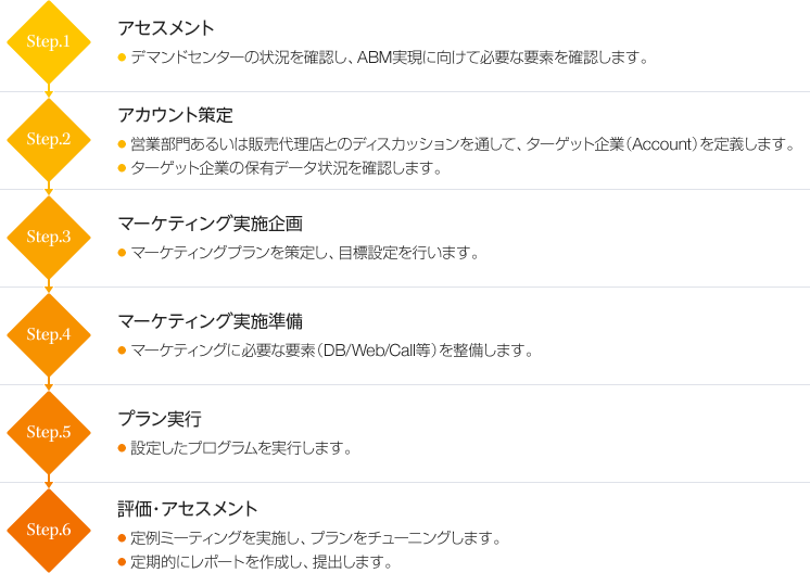 Step.1 アセスメント Step.2 アカウント策定 Step.3 マーケティング実施企画 Step.4 マーケティング実施準備 Step.5 プラン実行 Step.6 評価・アセスメント